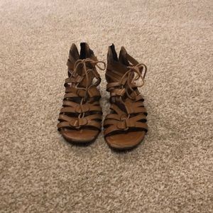 Brown, leather, heeled sandals